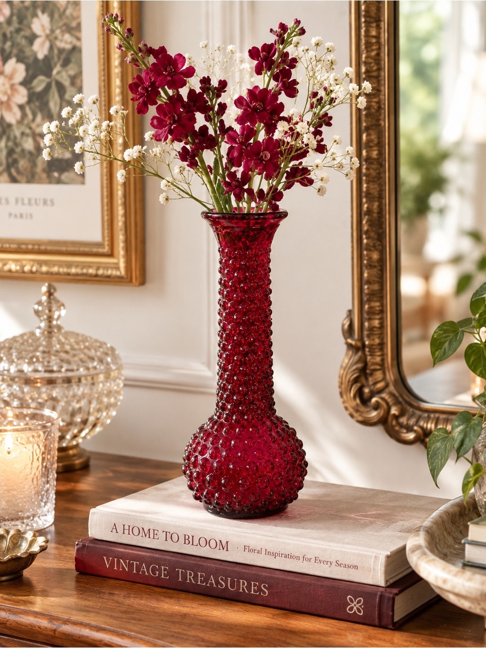 Vintage E.O. Brody Co USA Ruby Red Hobnail Glass Bud Vase 8” Retro Decor
